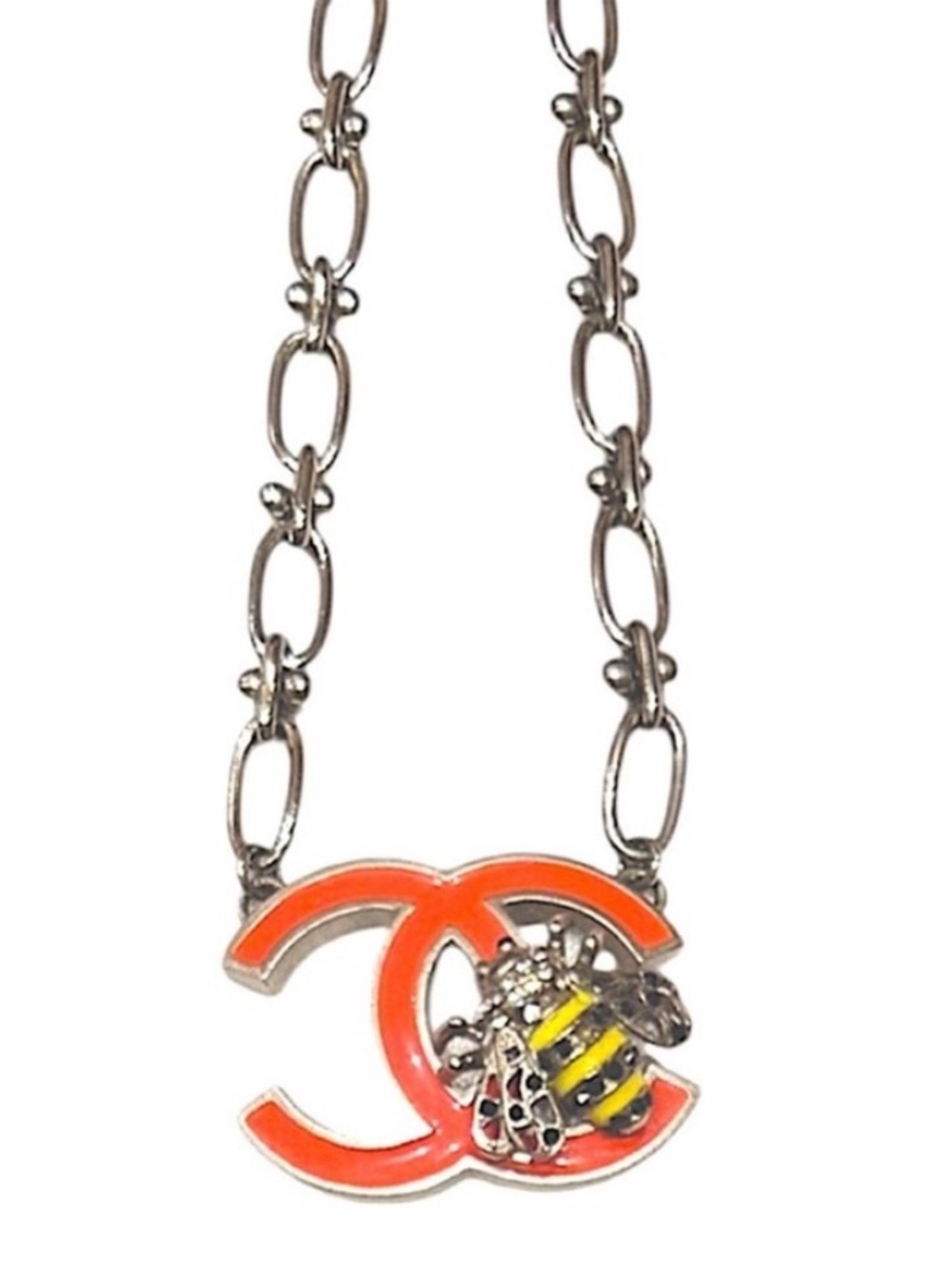CHANEL 2004 Vtg Y2K Interlocking ICON CC Pendent Silver Necklace Bumblebee Charm